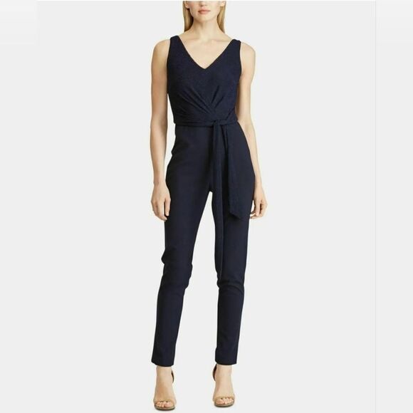RALPH LAUREN Womens Navy Sleeveless V Neck Evening Jumpsuit Plus Size S - Picture 1 of 10